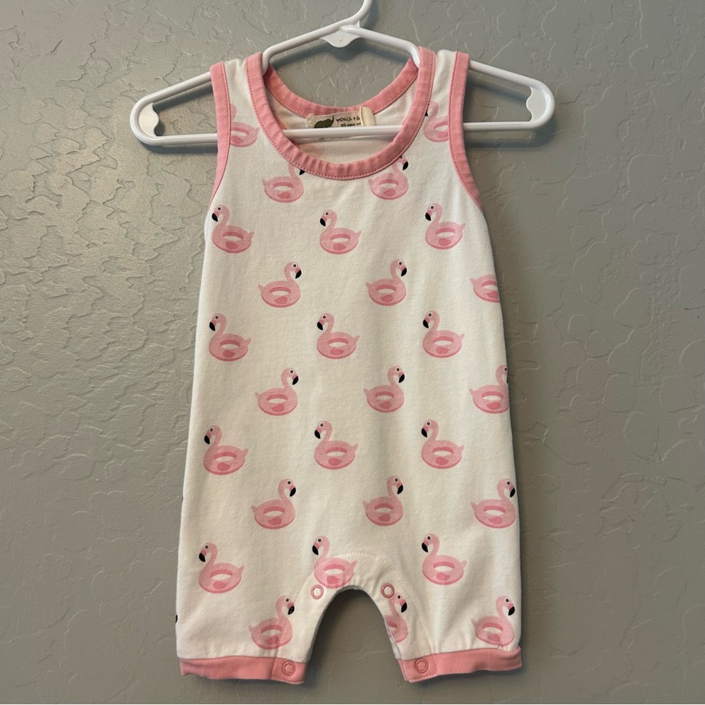 ⭐️Monica + andy white and pink flamingo pool float romper one piece size 3-6 mo